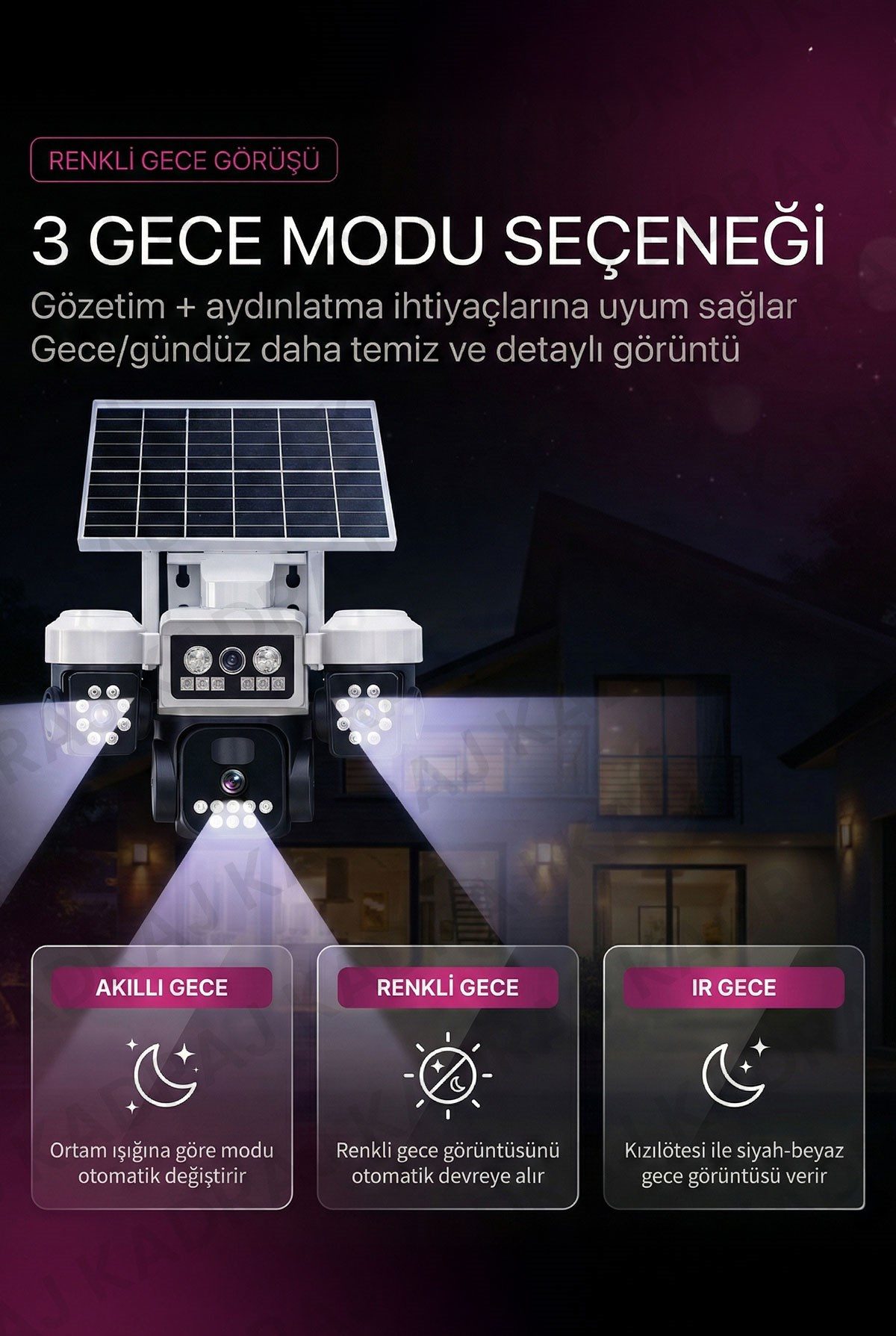 Kadraj Polis Çakarlı WIFI Kamera , Dahili Batarya , Solar Panel , Sesli Konuşma , Alarm , Okam Uygulama - görsel 3
