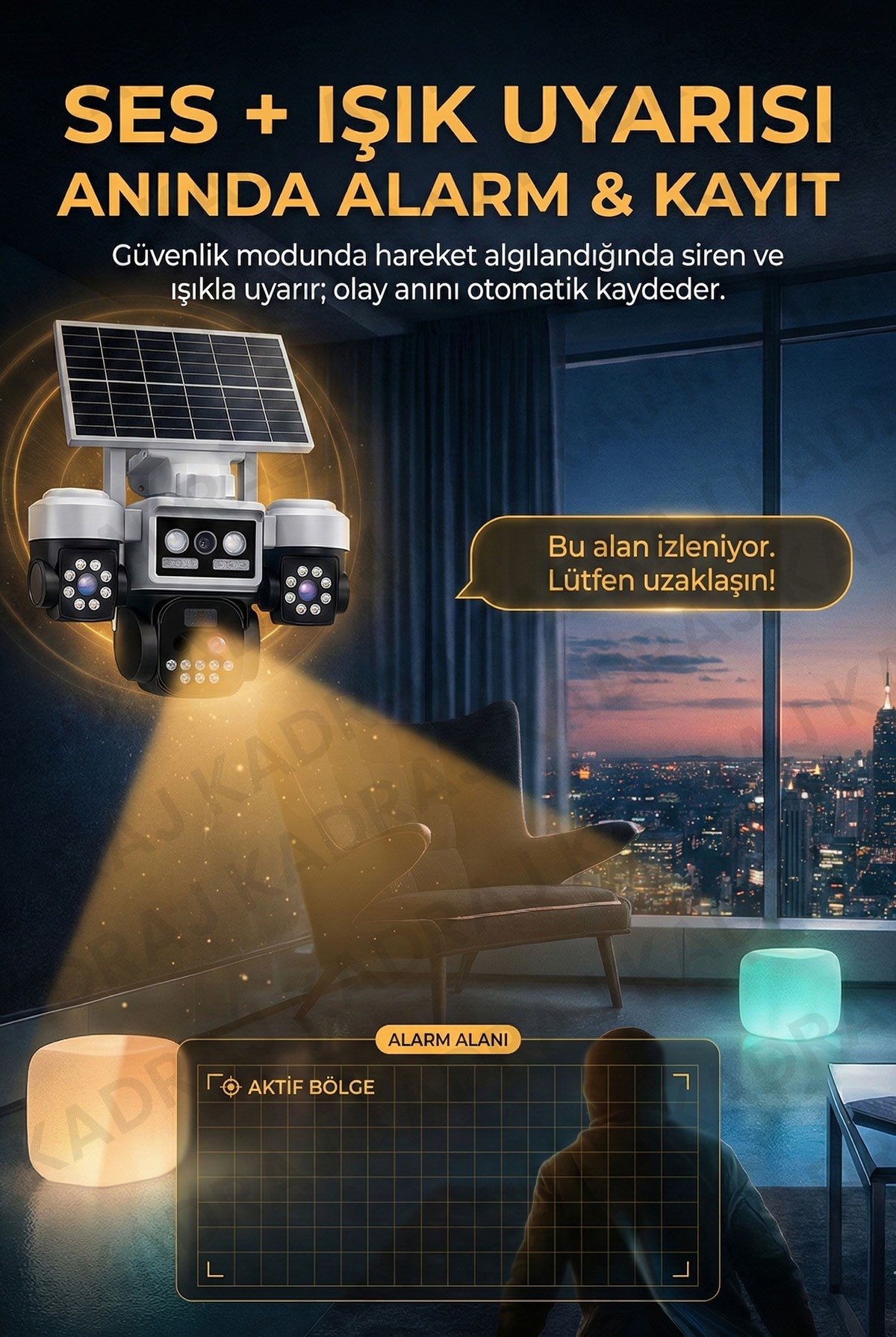 Kadraj Polis Çakarlı WIFI Kamera , Dahili Batarya , Solar Panel , Sesli Konuşma , Alarm , Okam Uygulama - görsel 5