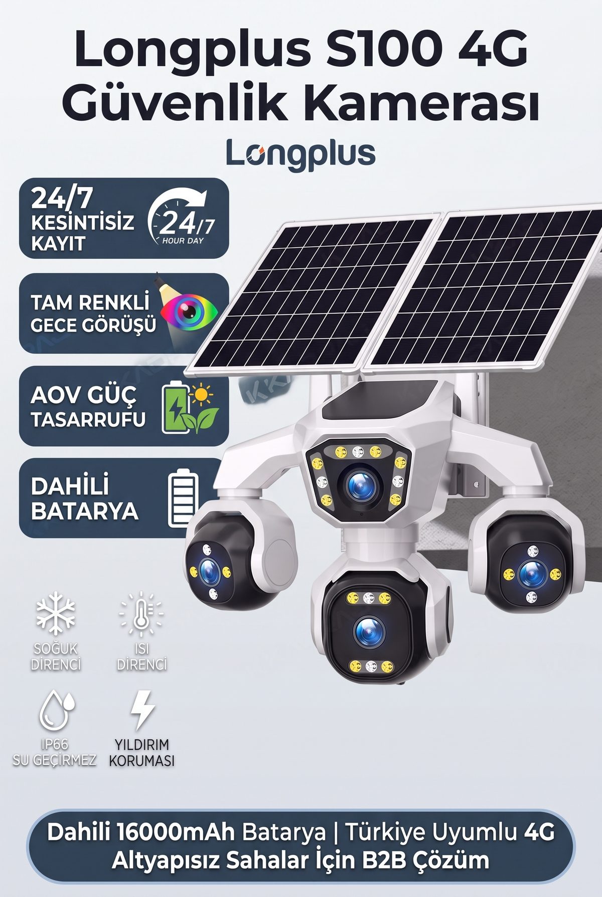 Longplus S100 4G güvenlik kamerası 4 adet 3MP kamerası ve solar paneliyle