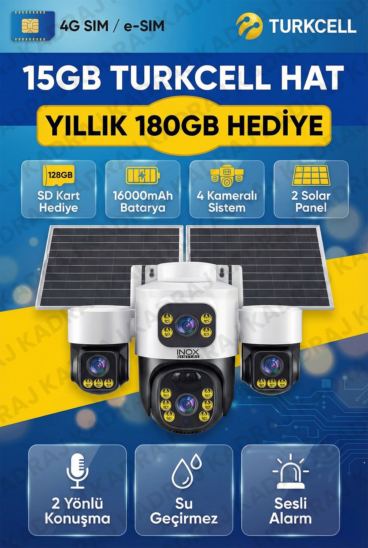 Kadraj Sim Kartlı, 4 Kameralı , Güneş Enerjili, Solar Panelli Kamera, 180GB TURKCELL Yıllık Hat, 128GB SD Kart, 16000mah