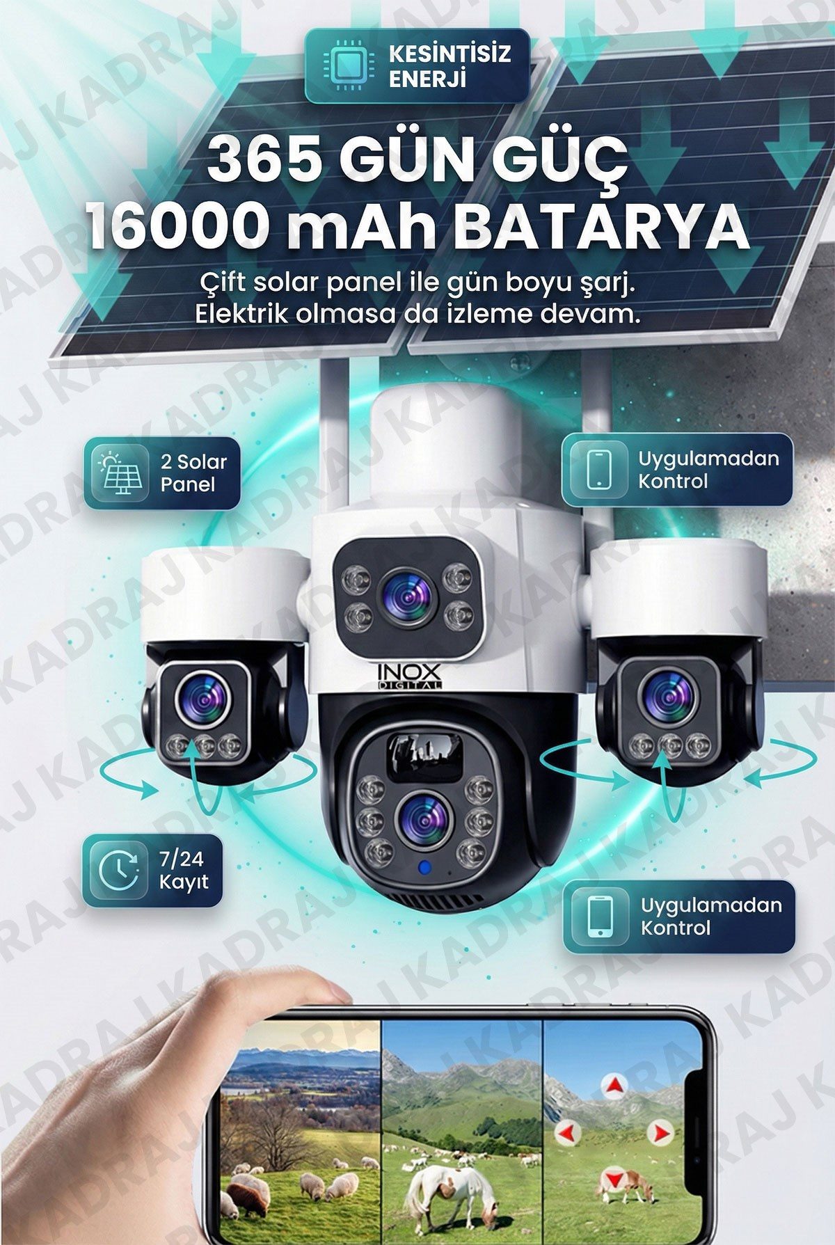 Kadraj Sim Kartlı, 4 Kameralı , Güneş Enerjili, Solar Panelli Kamera, 180GB TURKCELL Yıllık Hat, 128GB SD Kart, 16000mah - görsel 2
