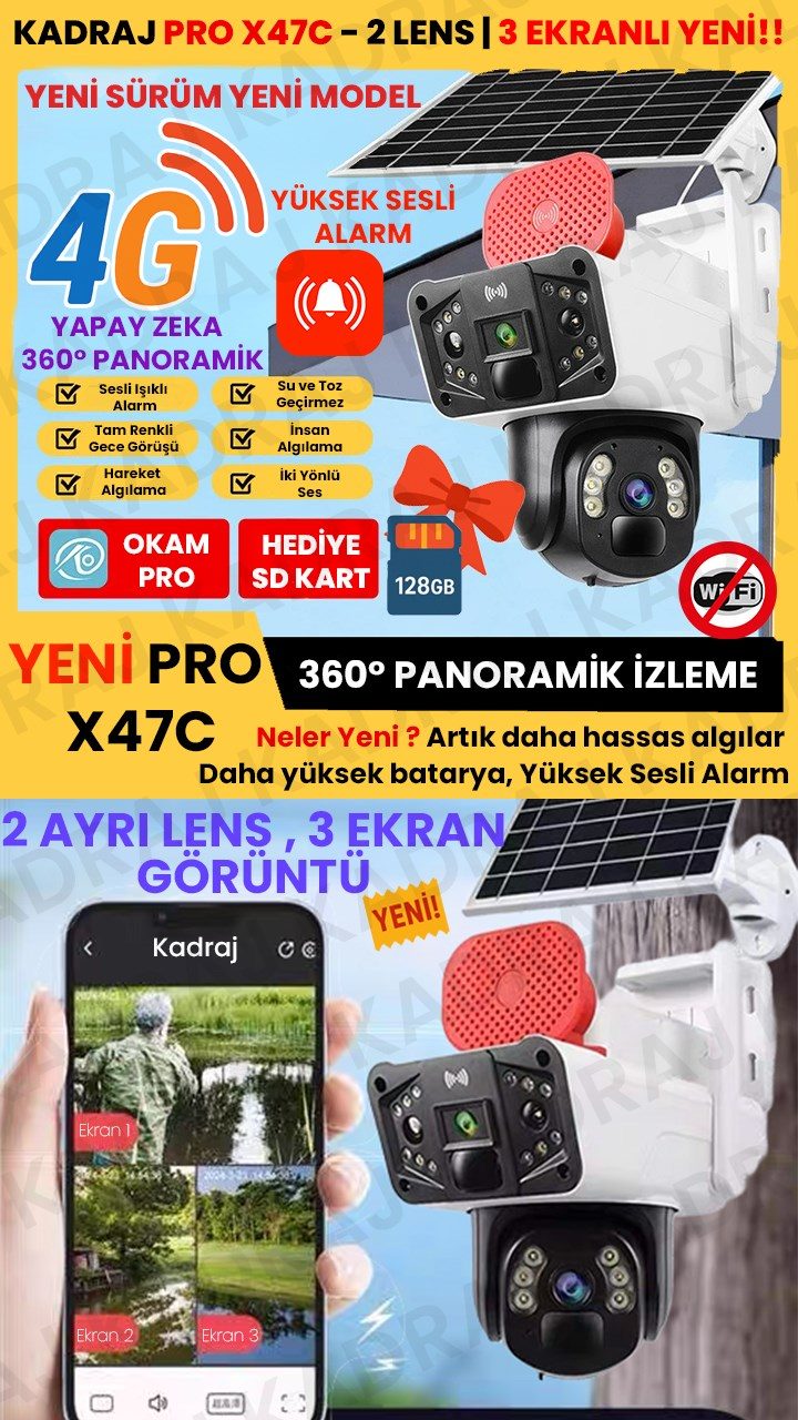 Kadraj Sim Kartlı Güvenlik Kamerası, Solar Panelli Kamera, 4G X47C PRO Güvenlik Kamerası, İnsan Takibi, Alarm, Uzaktan İzleme, Güneş Enerili Kamera