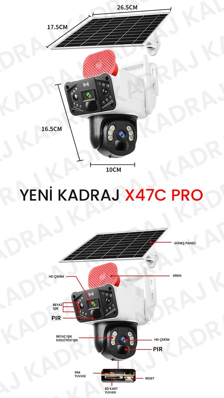 Kadraj Sim Kartlı Güvenlik Kamerası, Solar Panelli Kamera, 4G X47C PRO Güvenlik Kamerası, İnsan Takibi, Alarm, 3 EKRANLI Solar Kamera - görsel 3