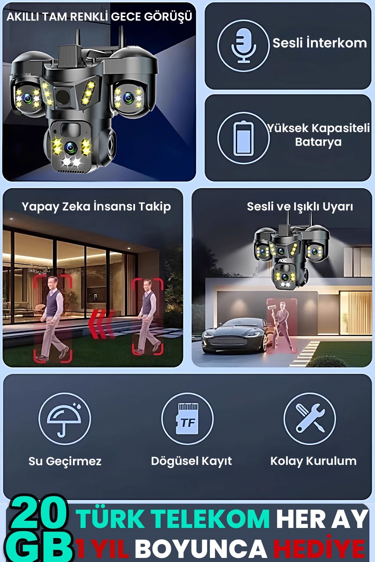 Kadraj Sim Kartlı Kamera, 3 Kameralı, Solar Panelli, 20GB TURK TELEKOM Hat Dahil, İnsan Algılama, Sesli Konuşma, Alarm,X66B - görsel 3