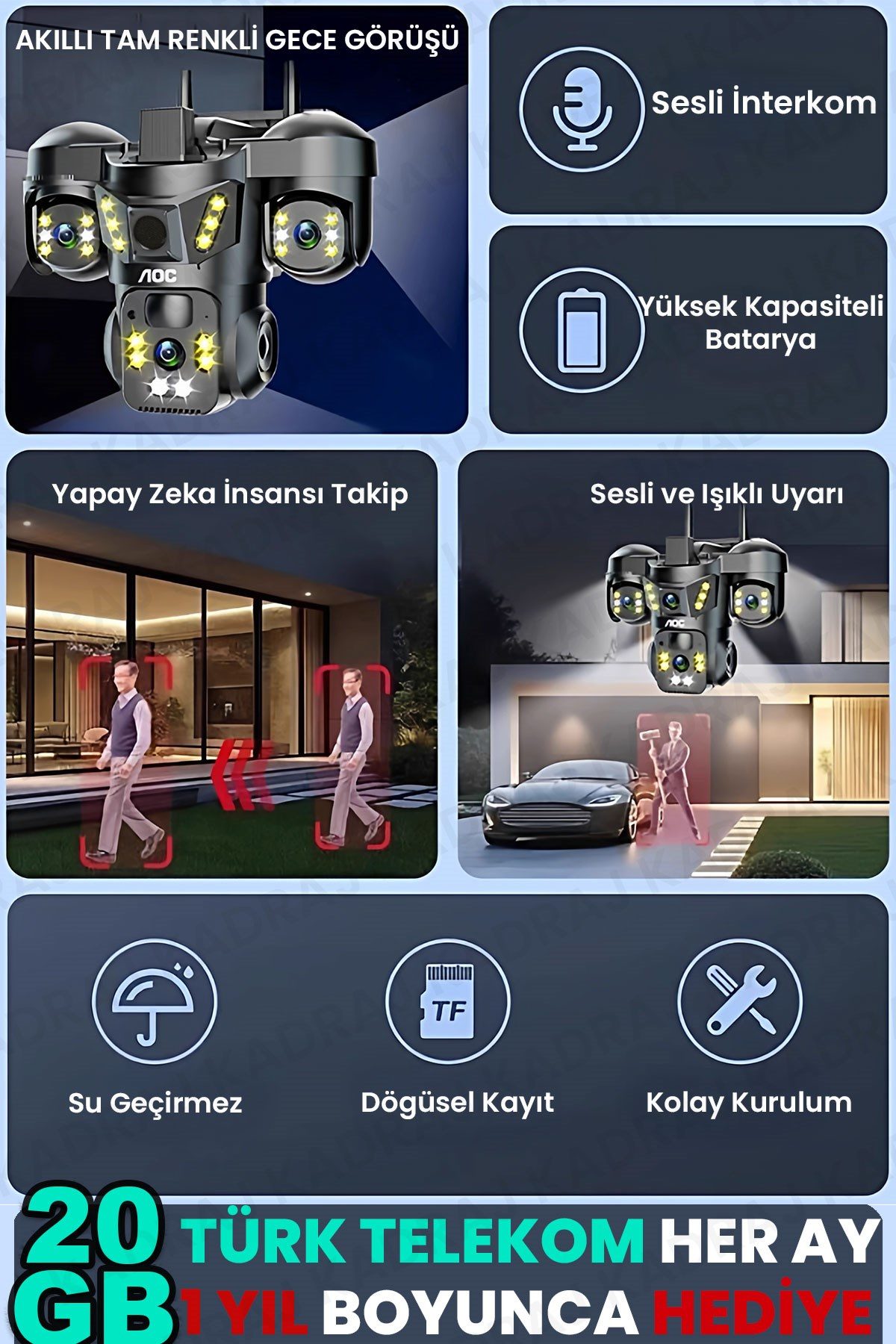 Kadraj Sim Kartlı Kamera, 3 Kameralı, Solar Panelli, 20GB TURK TELEKOM Hat Dahil, İnsan Algılama, Sesli Konuşma, Alarm,X66B - görsel 3