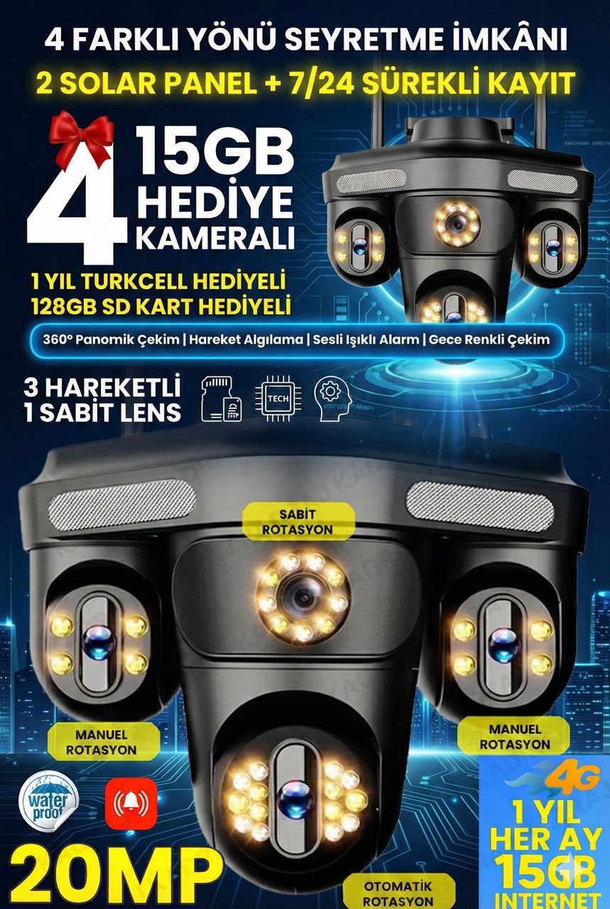 Kadraj Sim Kartlı Kamera | 4 Kameralı Güvenlik Kamerası | Her ay 15GB Turkcell 1 Yıl Hediyeli, 7/24 Kayıt Aov, 20.000mah Batarya
