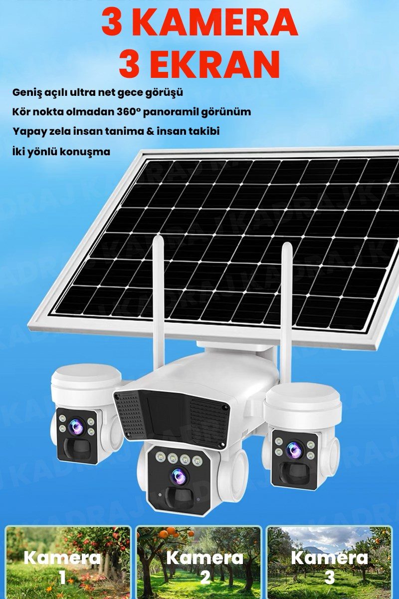 Kadraj Solar Kamera - Güneş Enerjili Kamera - Sim Kartlı Kamera - 15MP - 3 LENS - 3 KAMERALI GÜVENLİK KAMERASI - 12000MAH BATARYA - UZAKTAN İZLEME