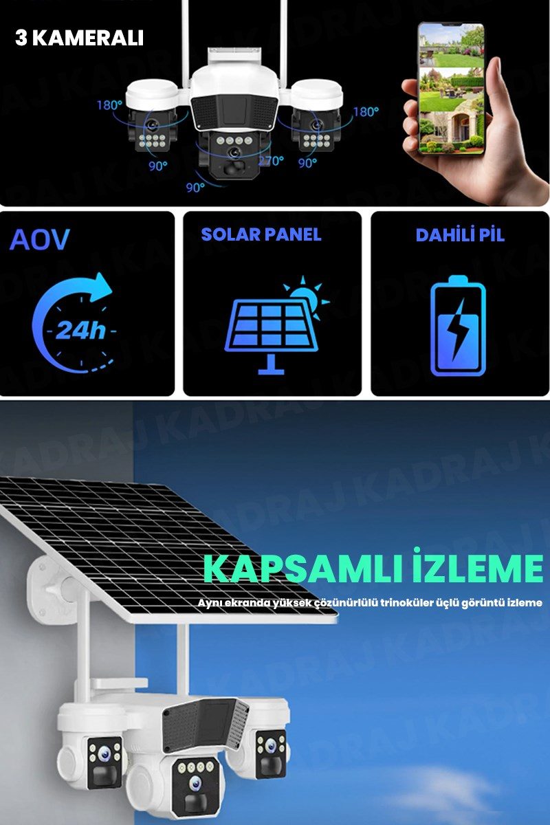 Kadraj Solar Kamera - Güneş Enerjili Kamera - Sim Kartlı Kamera - 15MP - 3 LENS - 3 KAMERALI GÜVENLİK KAMERASI - 12000MAH BATARYA - UZAKTAN İZLEME - görsel 5