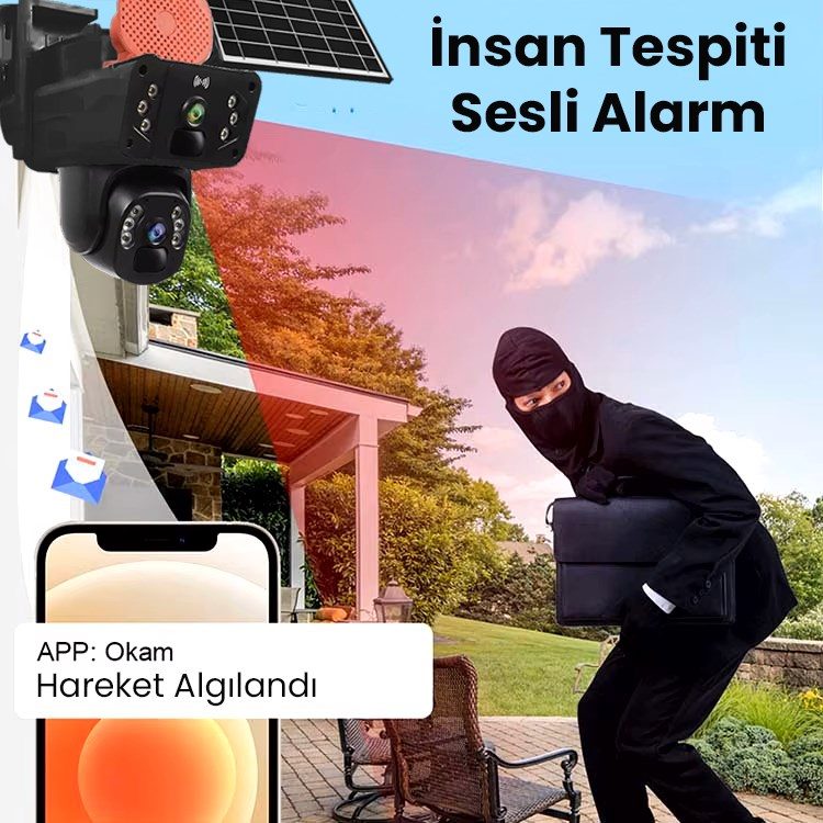 Solar Panelli, Güneş Enerjili, SIM Kartlı 4G, 6MP Çift Lensli PTZ Güvenlik Kamerası – Hareket Algılama 128 GB SD Kart Hediyeli - görsel 3