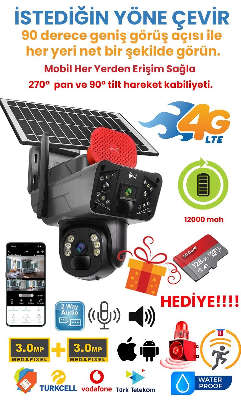 Solar Panelli, Güneş Enerjili, SIM Kartlı 4G, 6MP Çift Lensli PTZ Güvenlik Kamerası – Hareket Algılama 128 GB SD Kart Hediyeli