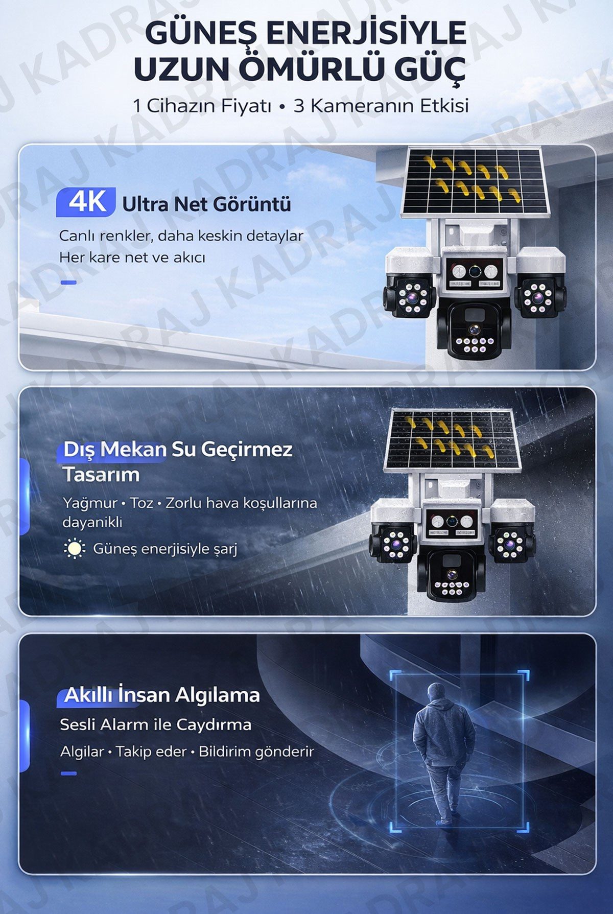 Kadraj Solar Panelli + WIFI Kamera, Dahili Batarya , 3 LENS, Polis Çakarı, Sesli Alarm, 2 Yönlü Konuşma, Anlık Bildirim - görsel 2