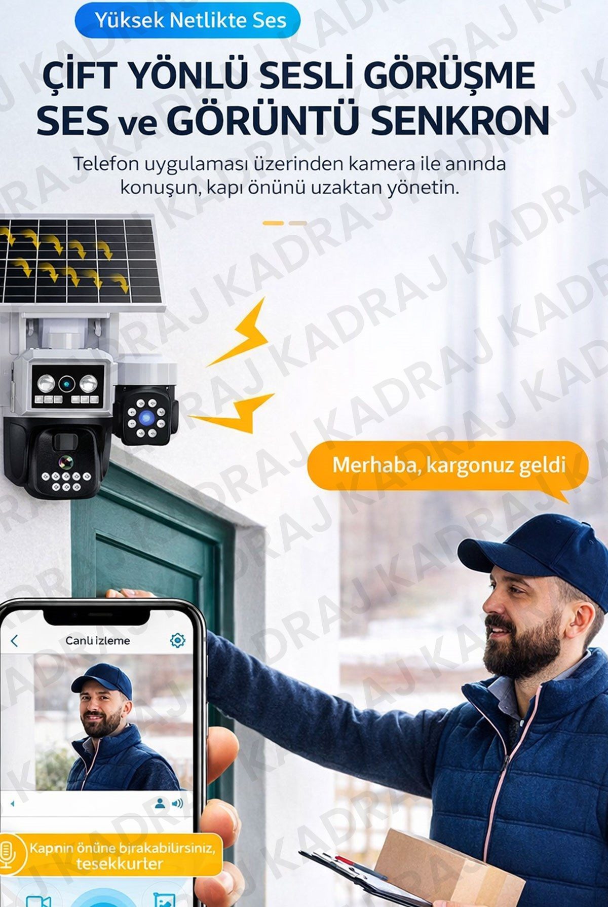 Kadraj Solar Panelli + WIFI Kamera, Dahili Batarya , 3 LENS, Polis Çakarı, Sesli Alarm, 2 Yönlü Konuşma, Anlık Bildirim - görsel 11