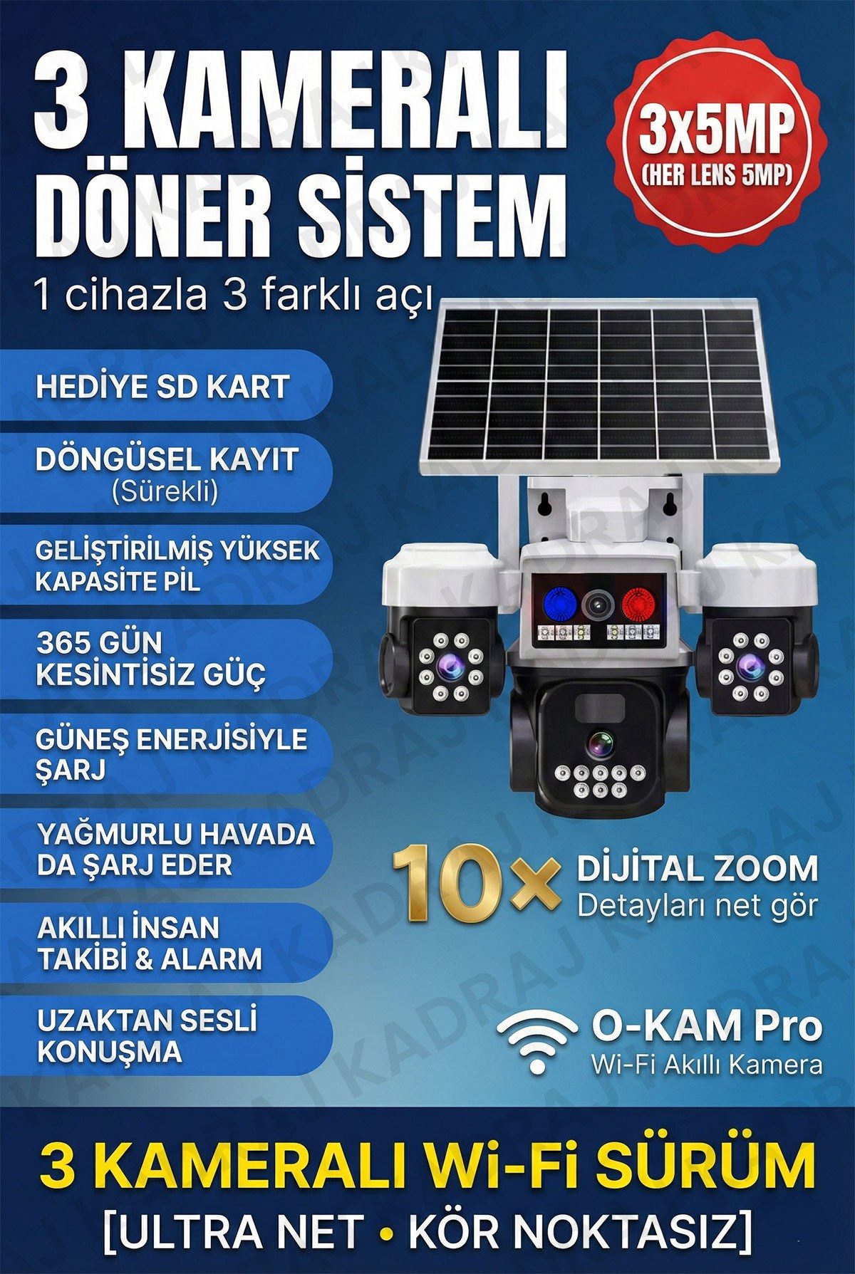 Kadraj Solar Panelli + WIFI Kamera, Dahili Batarya , 3 LENS, Polis Çakarı, Sesli Alarm, 2 Yönlü Konuşma, Anlık Bildirim