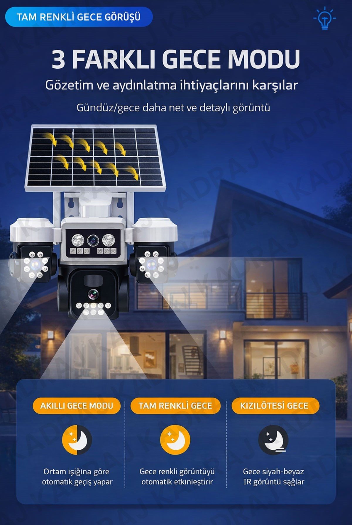 Kadraj Solar Panelli + WIFI Kamera, Dahili Batarya , 3 LENS, Polis Çakarı, Sesli Alarm, 2 Yönlü Konuşma, Anlık Bildirim - görsel 2