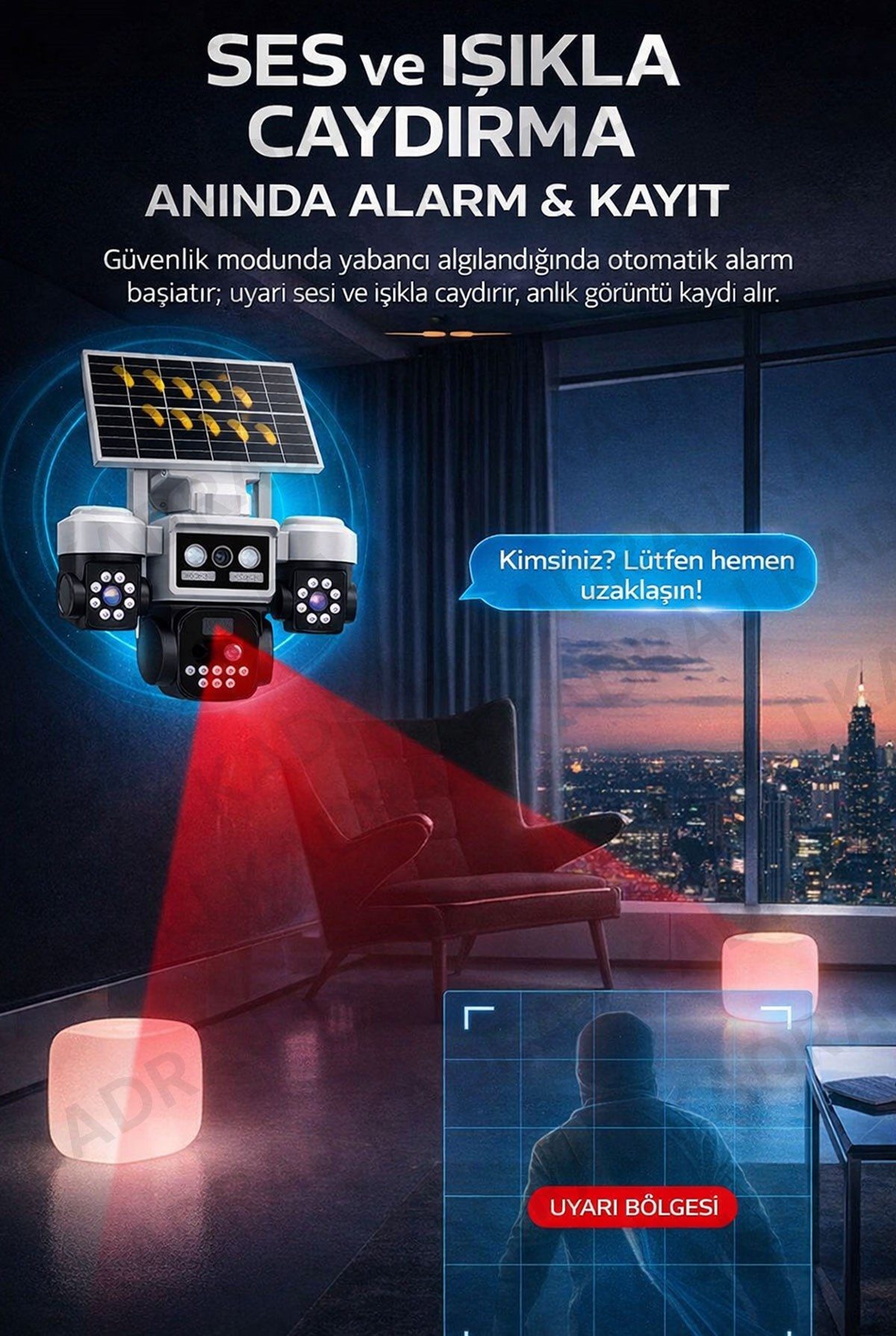 Kadraj Solar Panelli + WIFI Kamera, Dahili Batarya , 3 LENS, Polis Çakarı, Sesli Alarm, 2 Yönlü Konuşma, Anlık Bildirim - görsel 12